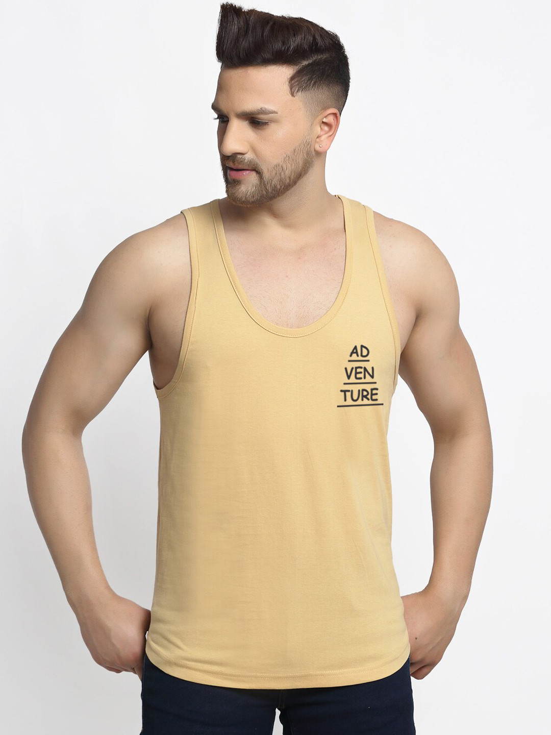 Friskers Men Beige & Black Adventure Printed Pure Cotton Innerwear Vest