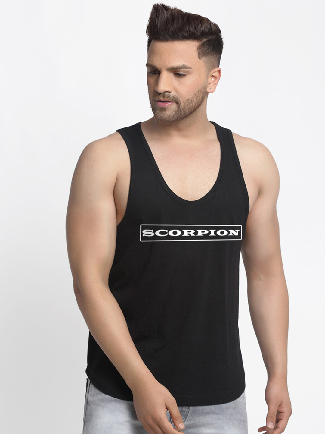 Friskers Men Black & White Scorpion Printed Pure Cotton Innerwear Vest