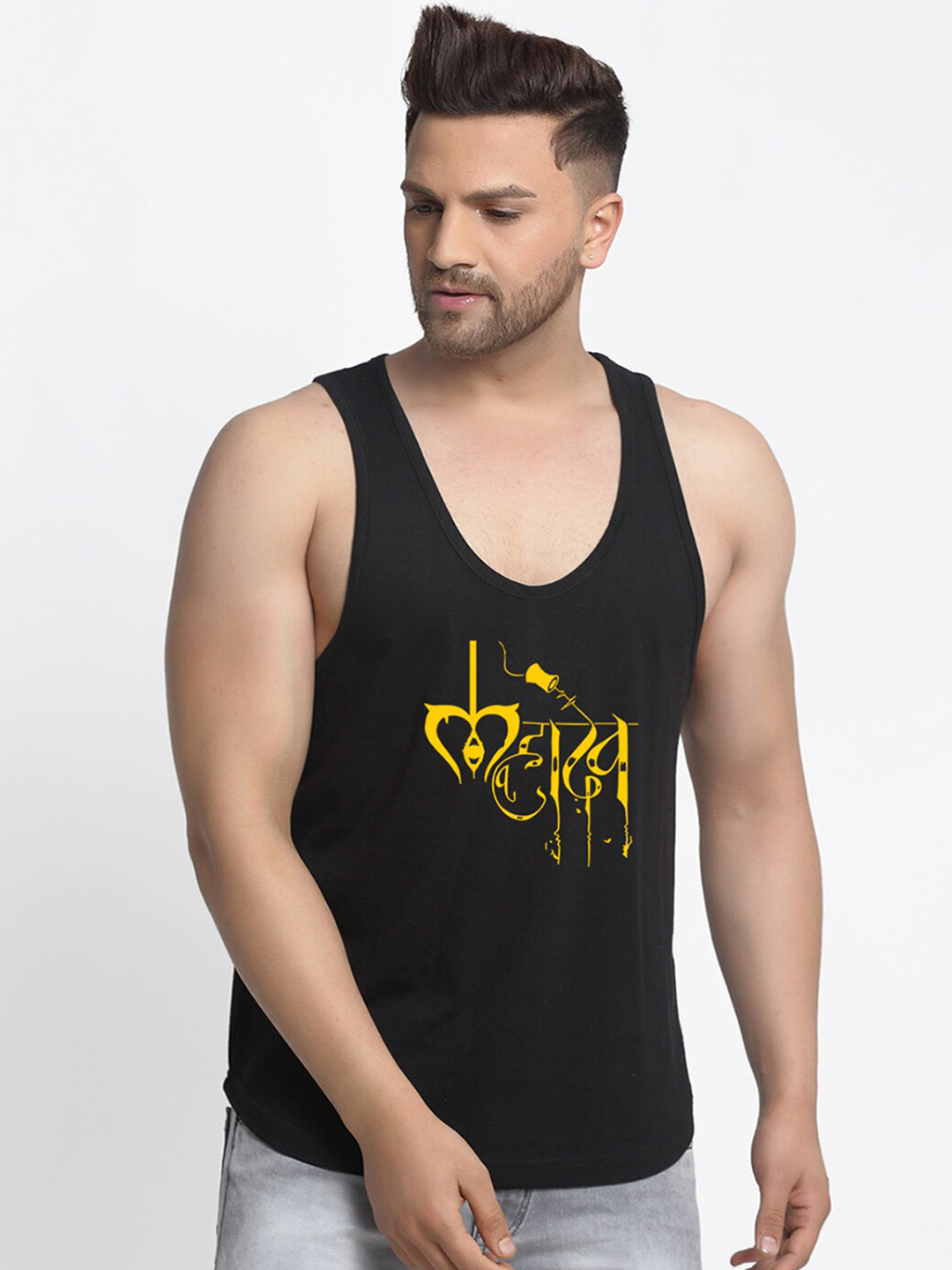 Friskers Men Black & Yellow Mahadev Printed Pure Cotton Innerwear Vest C1-01