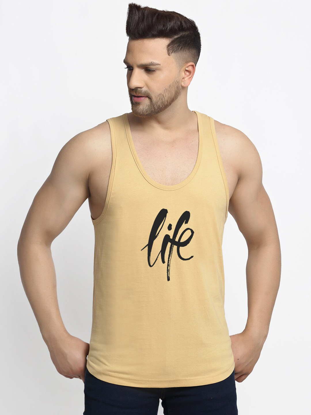 Friskers Men Beige & Black Life Printed Pure Cotton Gym Vest C213-09