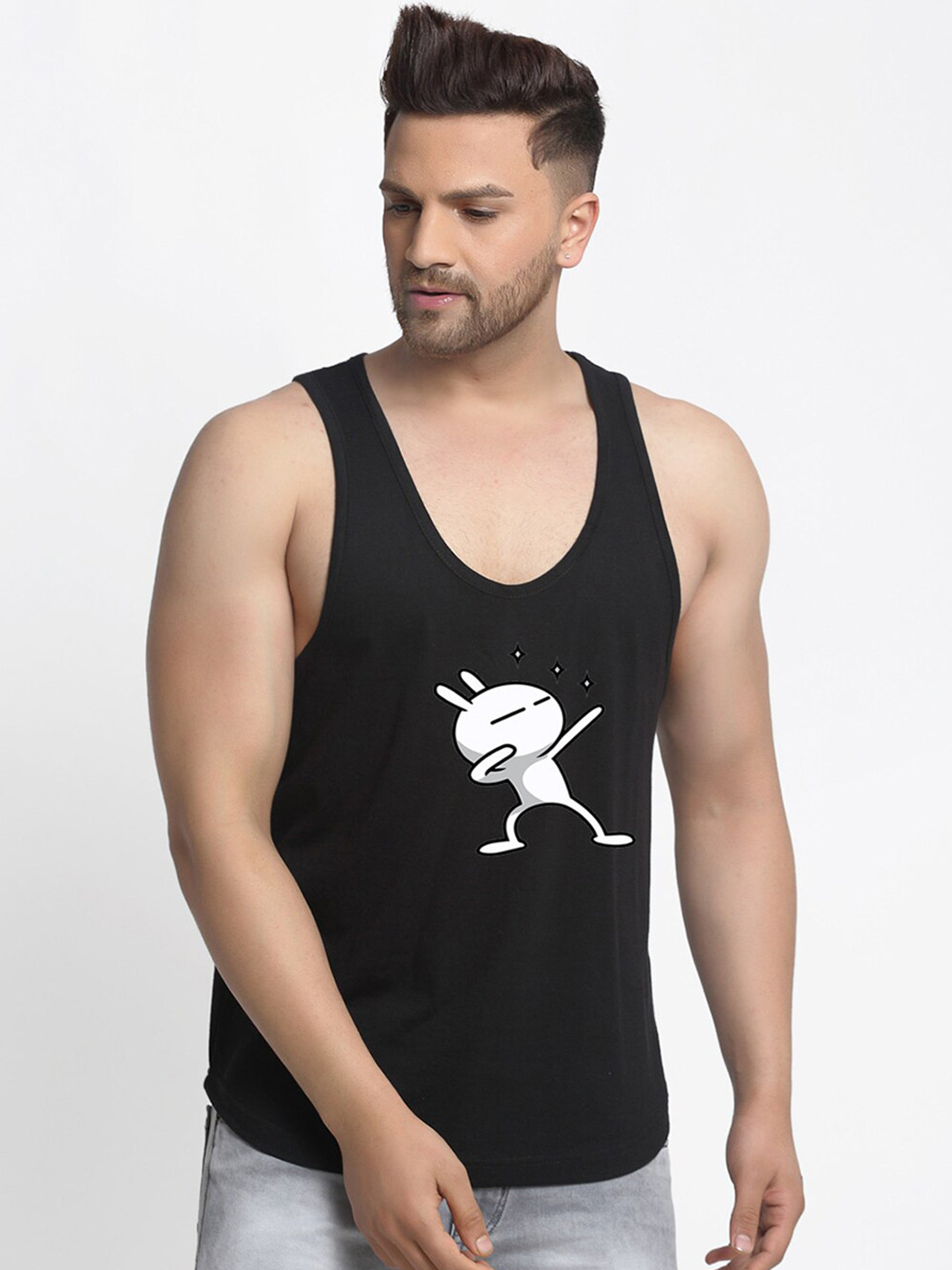 Friskers Men Black & White Three Star Printed Pure Cotton Apple Cut Gym Vest C38-01