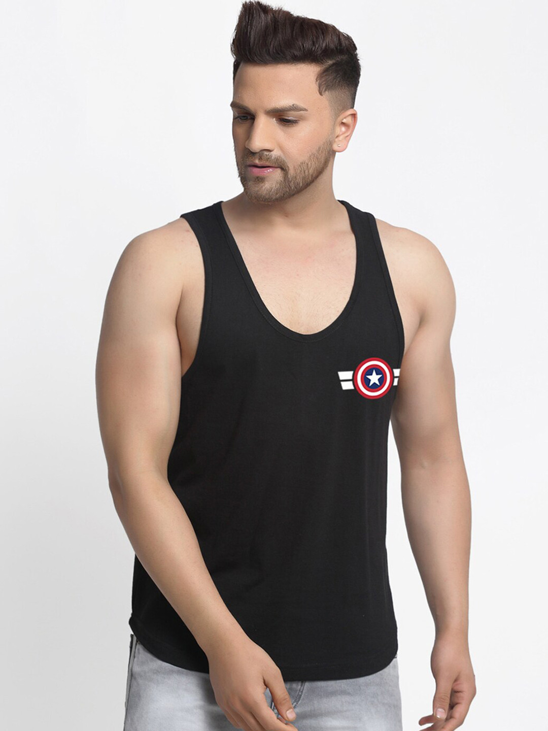 Friskers Men Black & Red Captain America Printed Pure Cotton Gym Vest