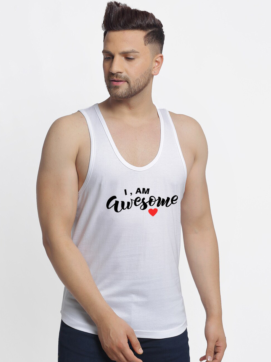 Friskers Men White Printed Pure Cotton Gym Vest C232-02