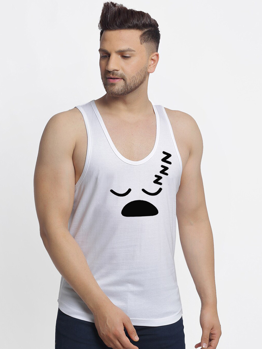 Friskers Men White & Black Sleep Printed Pure Cotton Apple Cut Gym Vest C33-02