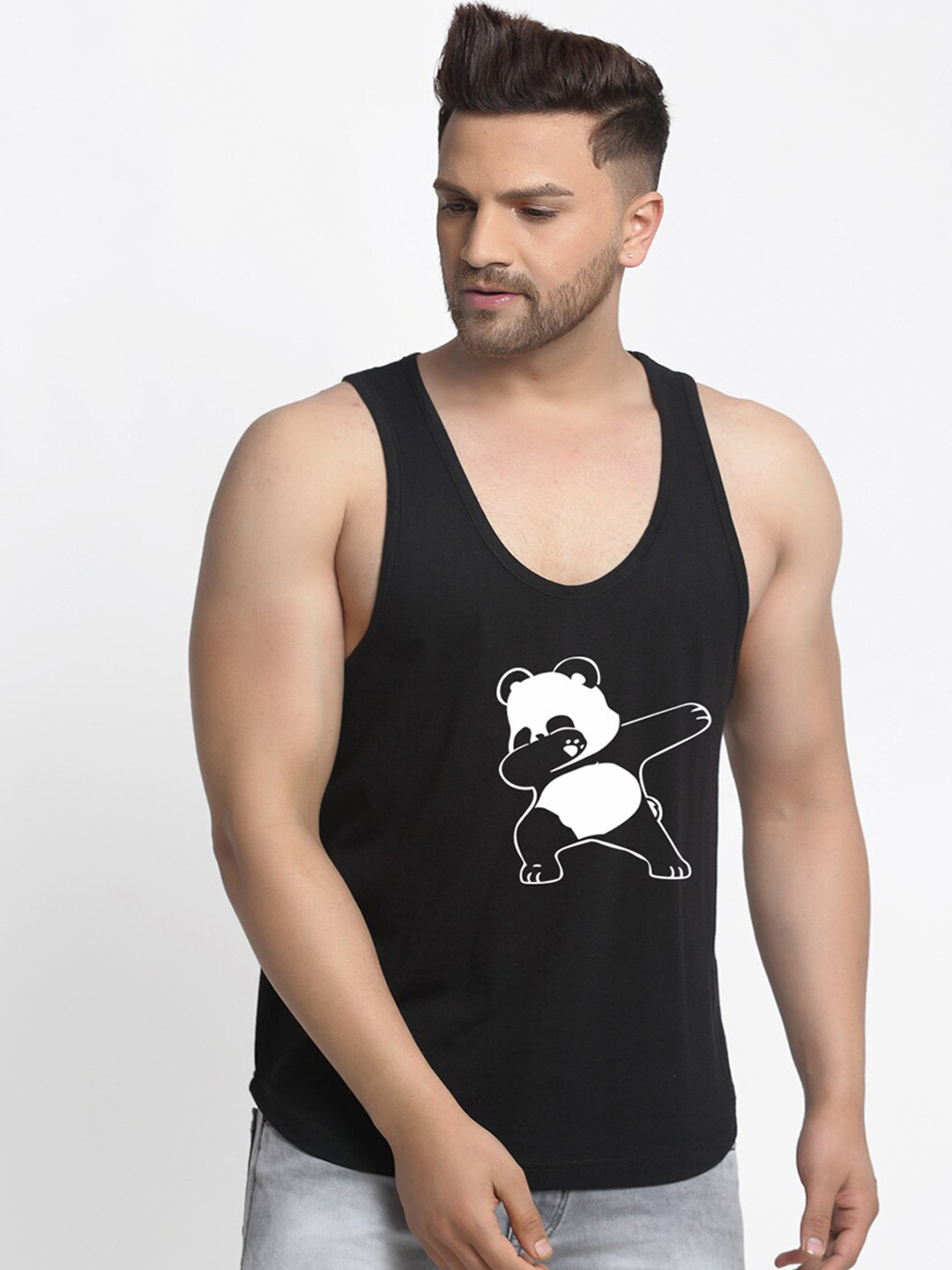 Friskers Men Black & White Panda Printed Pure Cotton Gym Vest