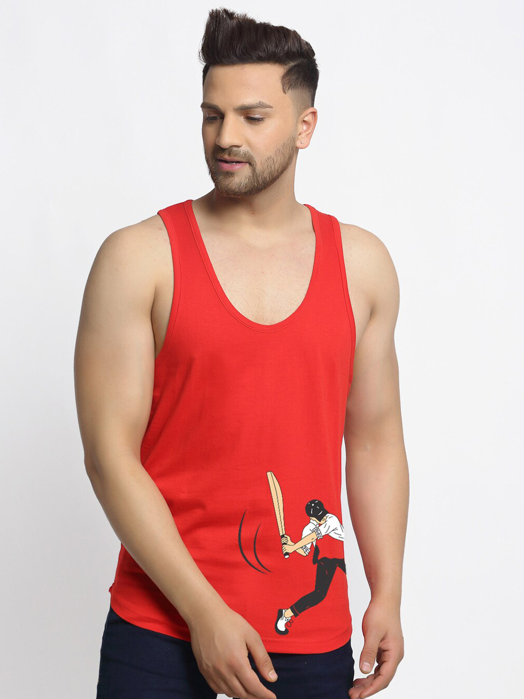 Friskers Men Red & Black Cricket Design Pure Cotton Apple Cut Gym Vest