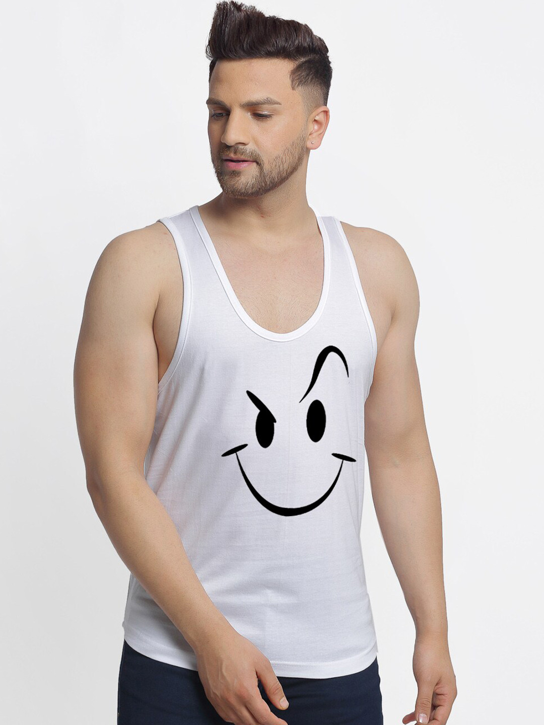 Friskers Men White & Black Smily Printed Pure Cotton Apple Cut Gym Vest C41-02