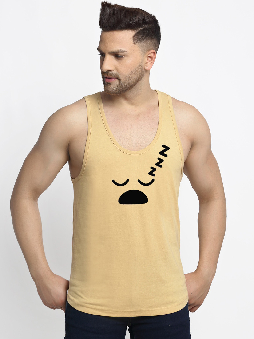Friskers Men Beige & Black Printed Pure Cotton Gym Vest