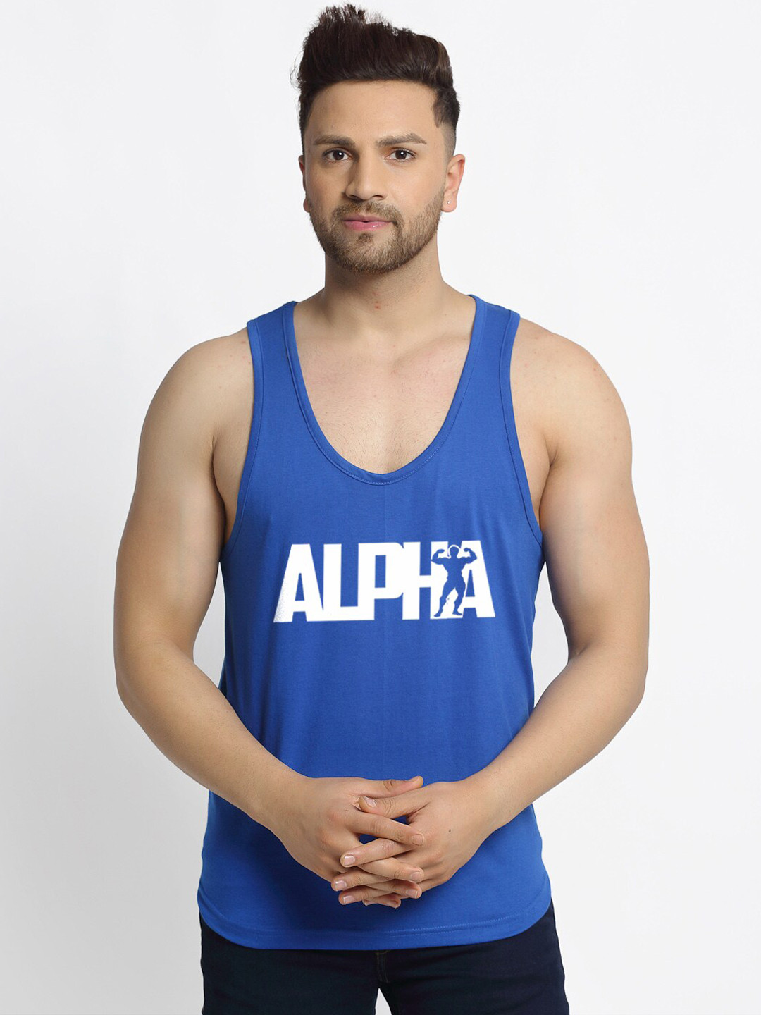Friskers Men Blue Alpha Printed Cotton Gym Vest