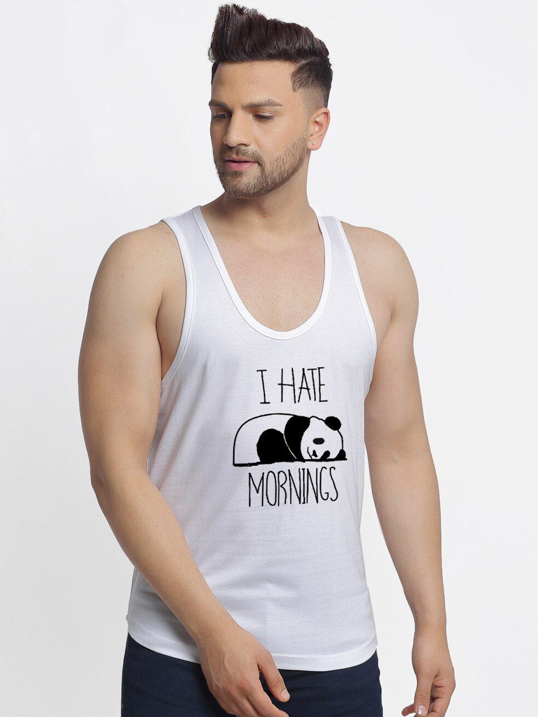 Friskers Men White & Black I Hate Morning Printed Pure Cotton Apple Cut Gym Vest C233-02