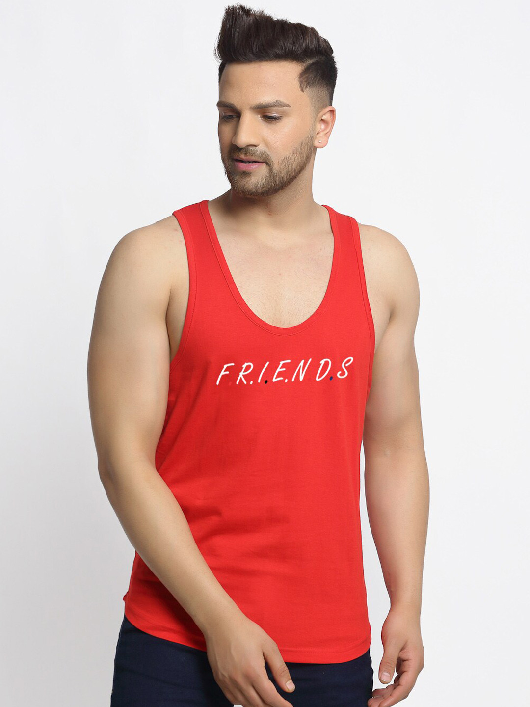 Friskers Men Red & White Printed Pure Cotton Gym Vest