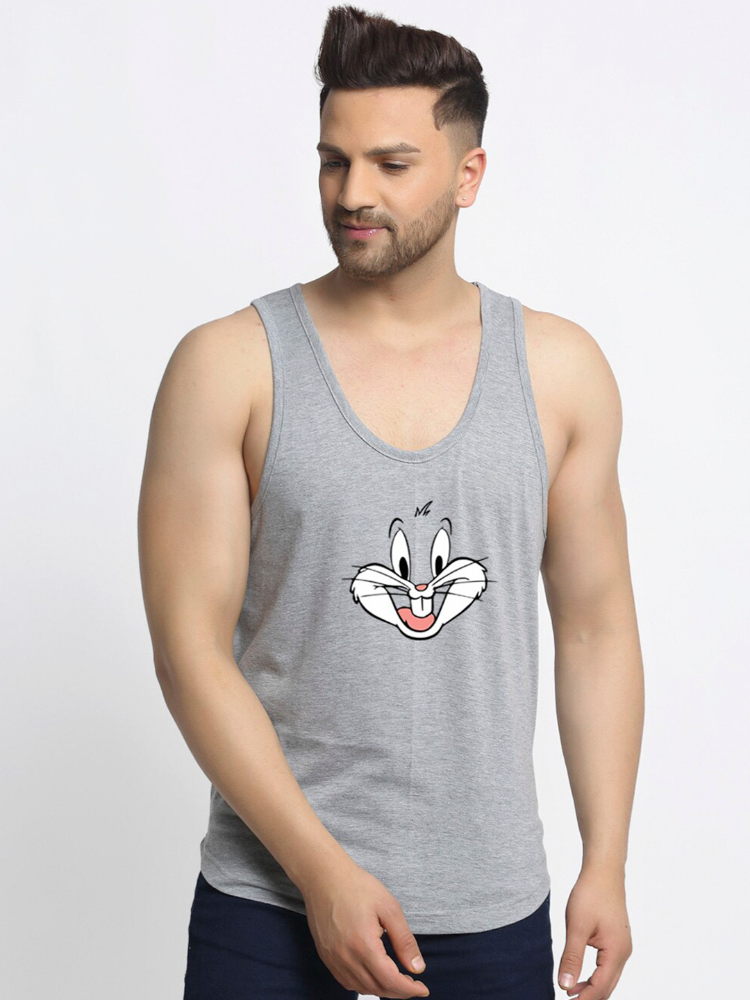 Friskers Men Grey & White Bugs Bunny Printed Pure Cotton Gym Vest