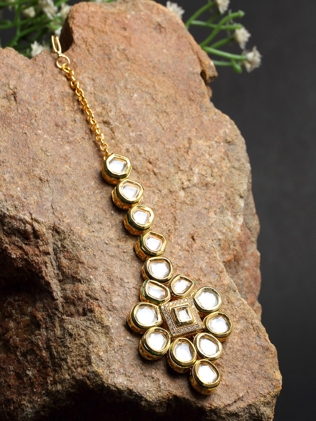 Ruby Raang Gold-Plated & White Faux Kundan-Studded Handcrafted Maang Tika