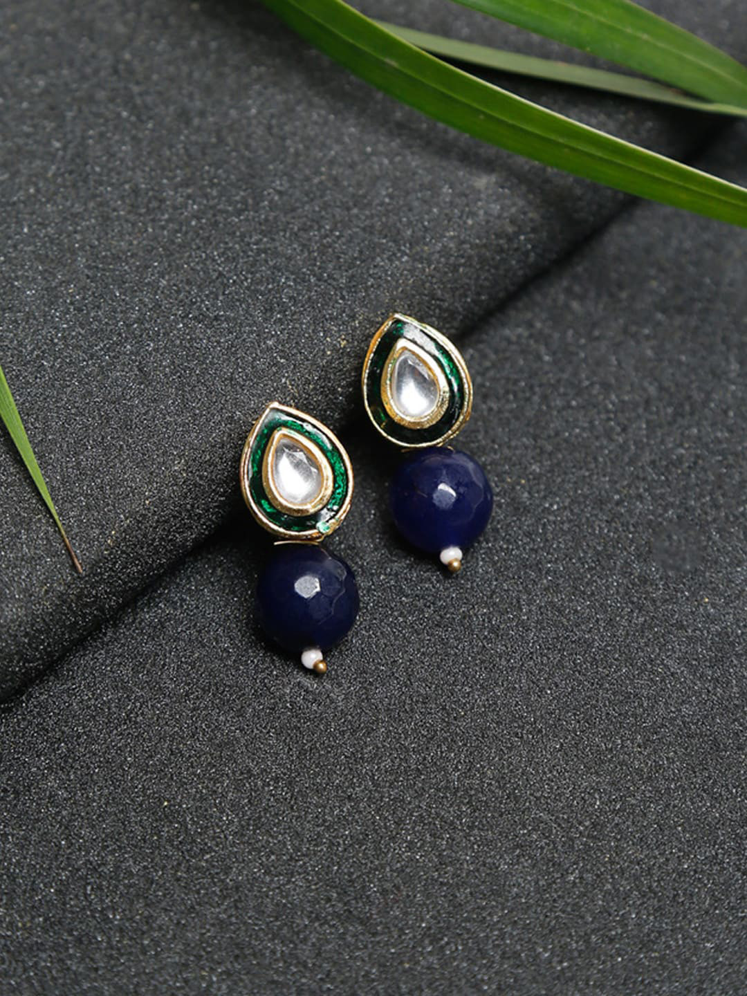 Ruby Raang Gold-Toned Blue Beaded & Kundan Studded Contemporary Drop Earrings