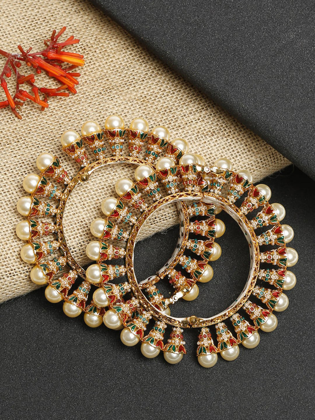 Ruby Raang Set of 2 Gold-Plated & Multicoloured Faux Kundan-Studded Meenakari Bangles