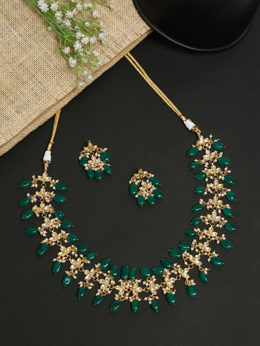 Ruby Raang Gold-Toned & Green Faux Kundan-Studded Pearl Beaded Meenakari Jewellery Set