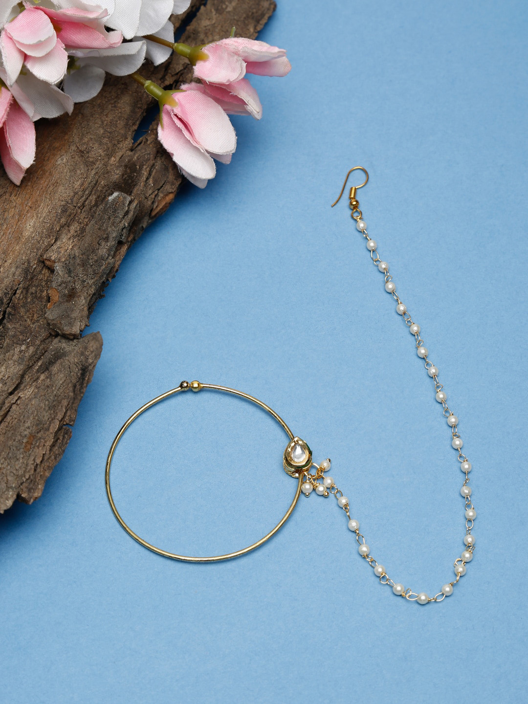 Ruby Raang Gold-Toned & White Faux Kundan-Studded & Pearl Beaded Chained Nose Ring