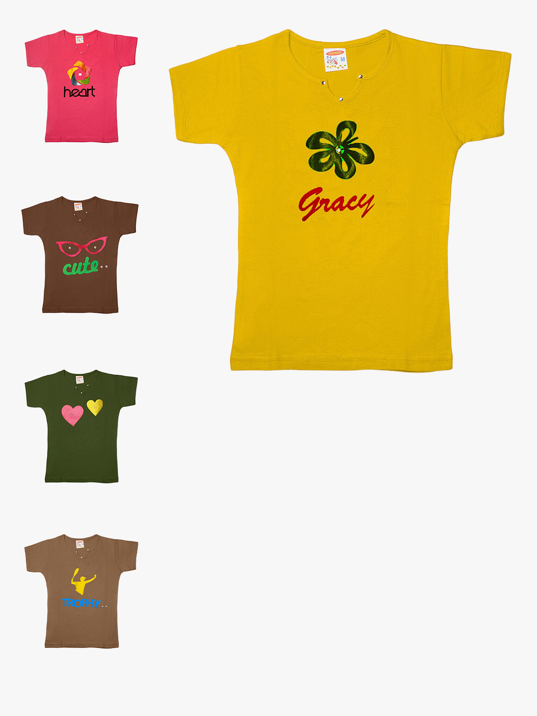 TINY HUG Girls Pack Of 5 Multicoloured Graphic Printed Slim Fit T-shirts