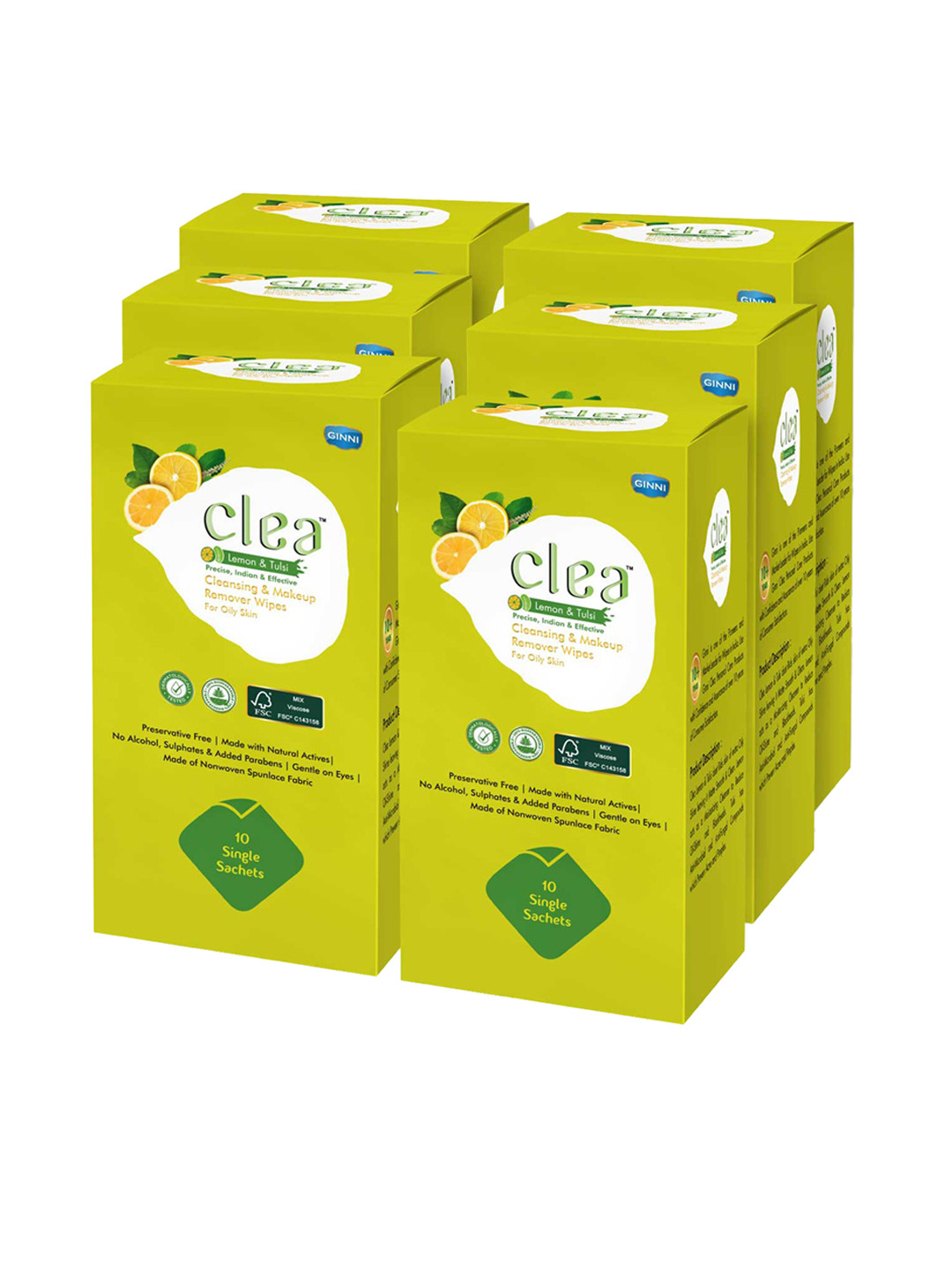 Clea Set of 6 Lemon & Tulsi Cleansing & Makeup Remover Wet Wipes - 10 Pulls each