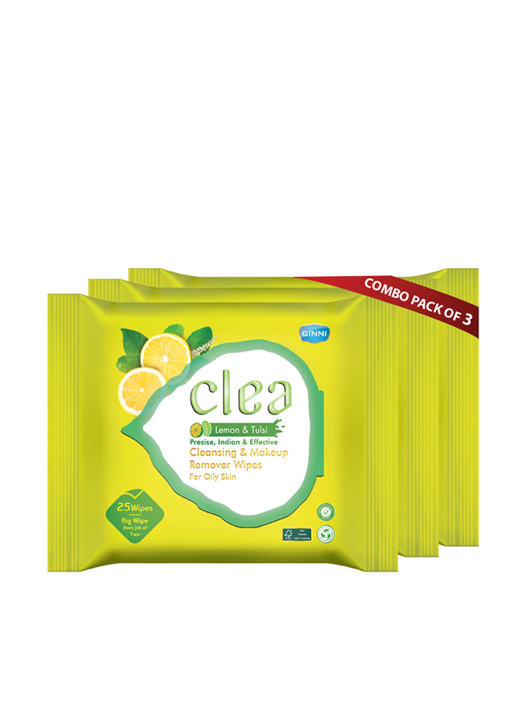 Clea Set of 3 Lemon & Tulsi Cleansing & Makeup Remover Wet Wipes - 25 Pulls each