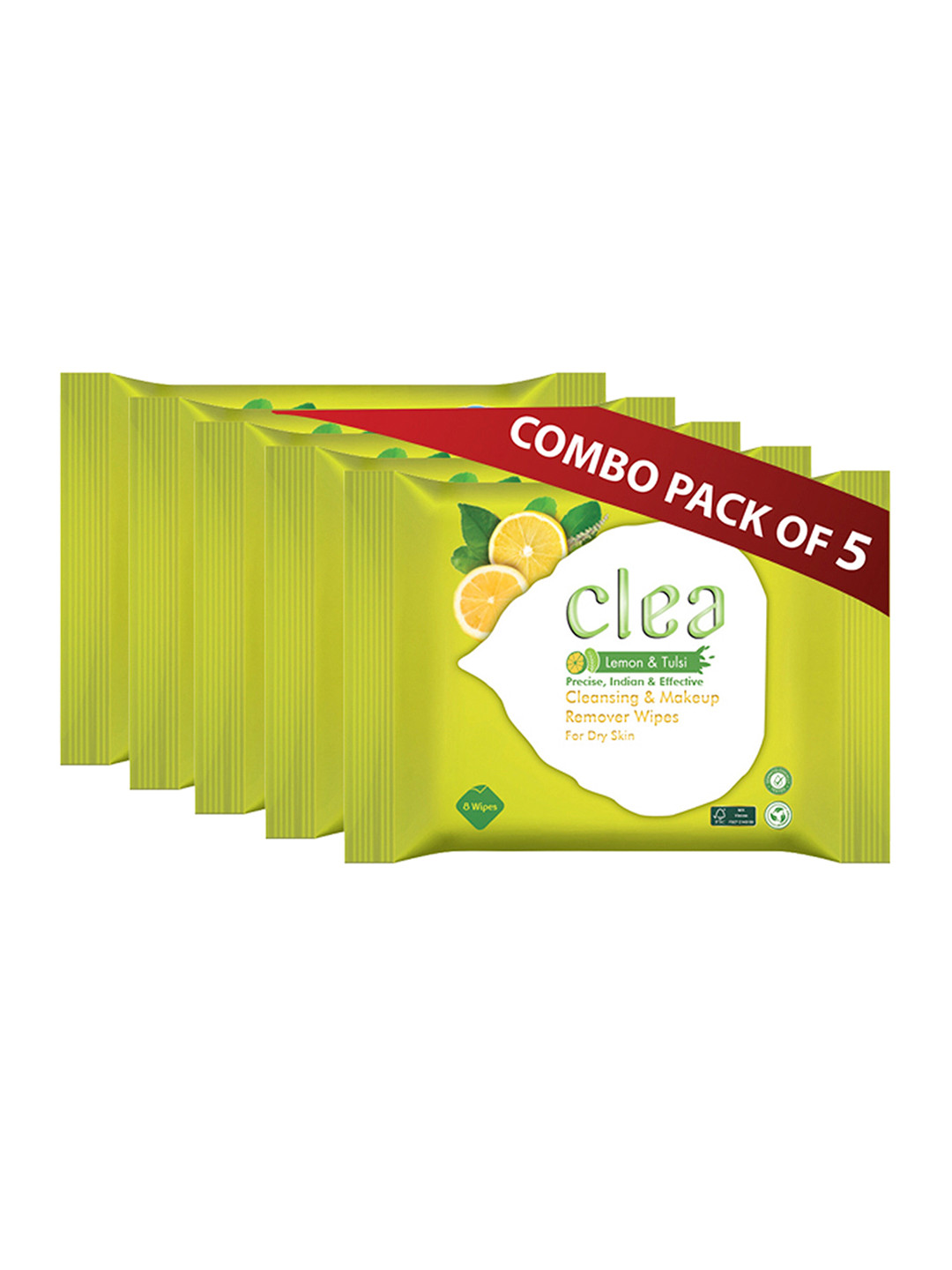 Clea Set of 5 Lemon & Tulsi Cleansing & Makeup Remover Wet Wipes - 8 Pulls each