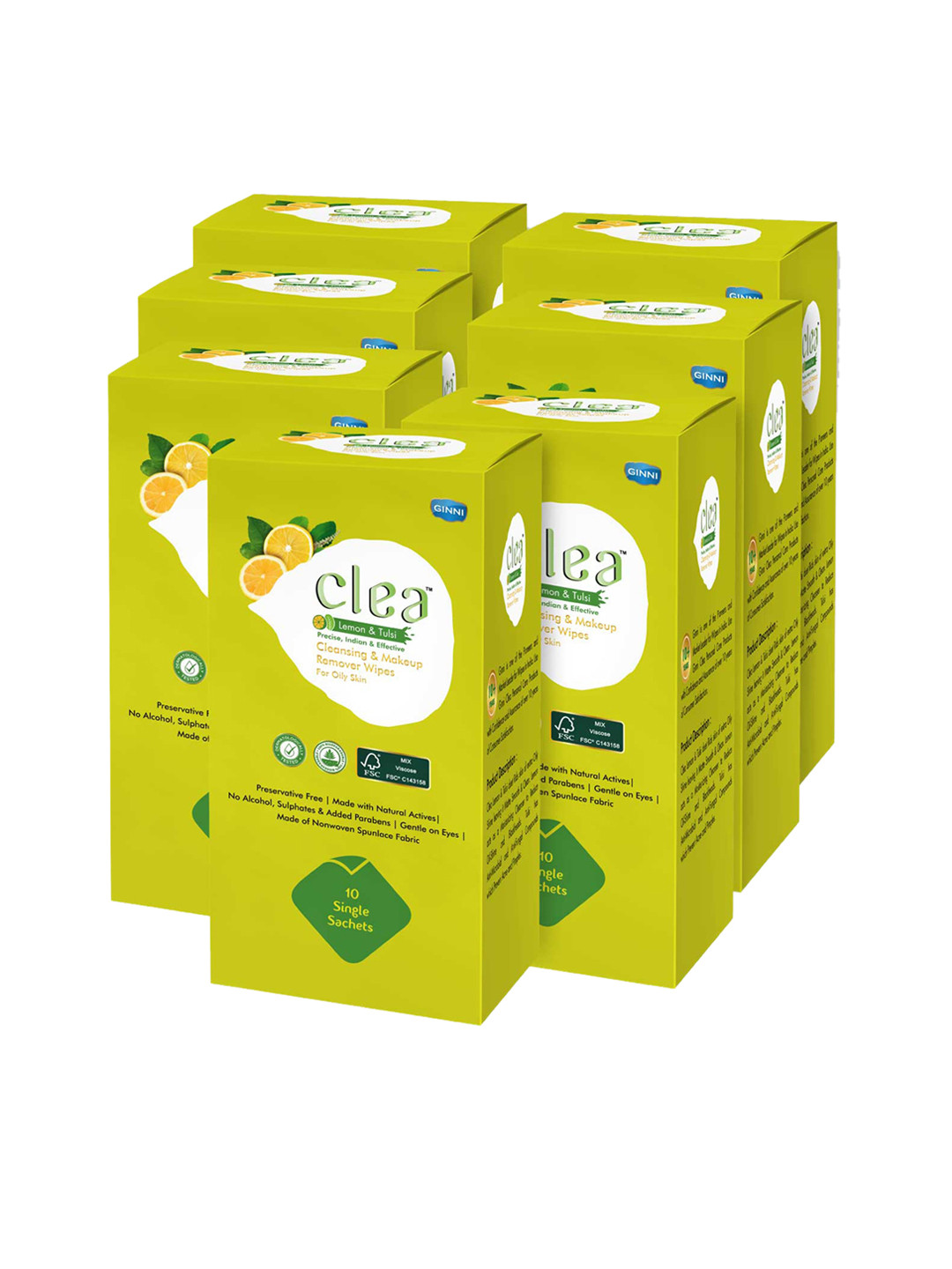 Clea Set of 7 Lemon & Tulsi Cleansing & Makeup Remover Wet Wipes - 10 Pulls each