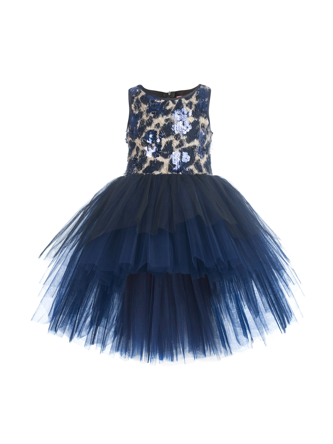 Toy Balloon Kids Girls Navy Blue Embellished Net High-Low Fit &Flare Dress