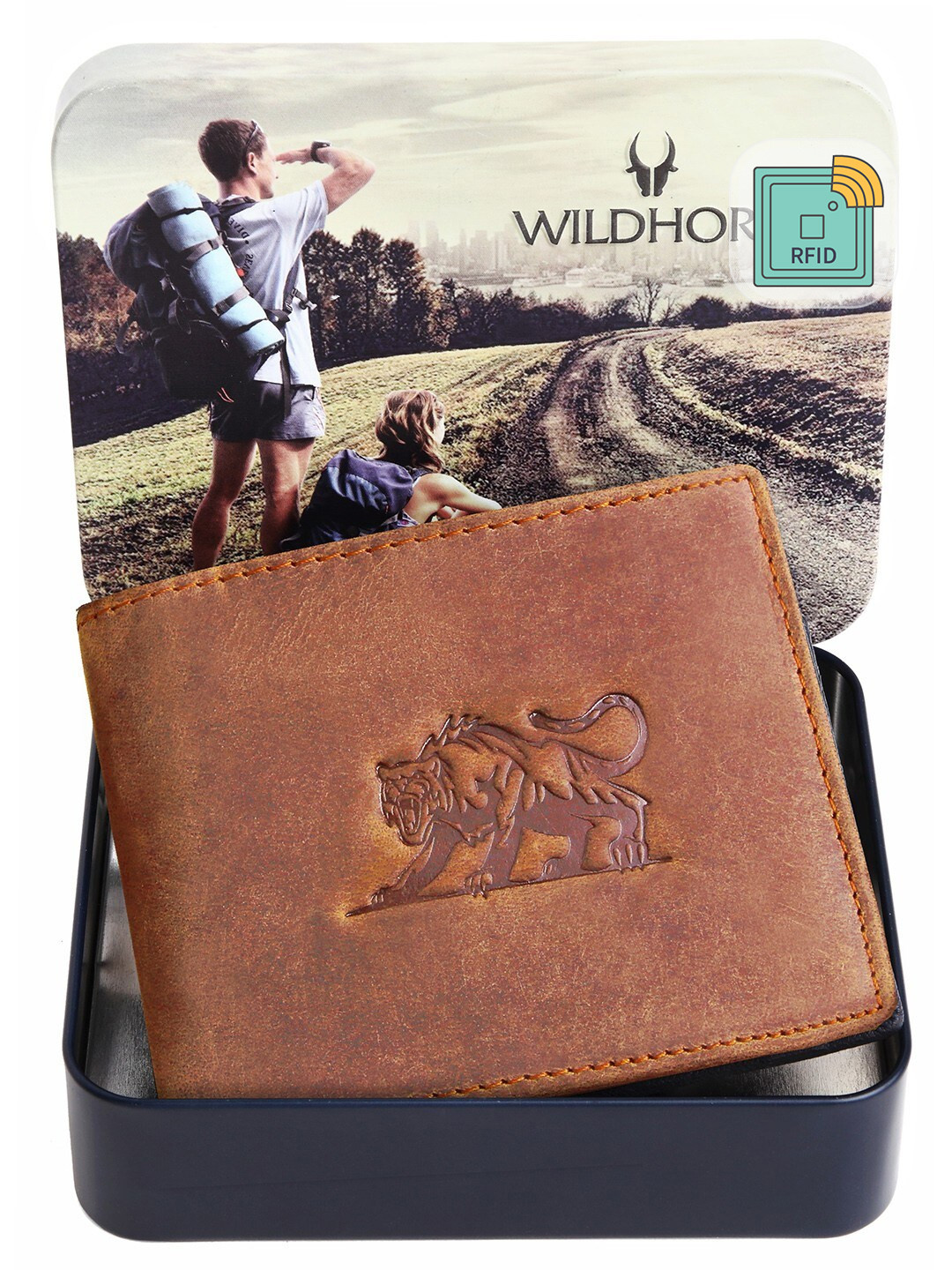 WildHorn Men Tan Self Design RFID Leather Two Fold Wallet
