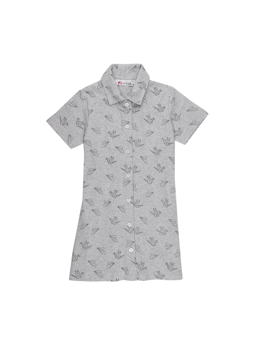 First Kick Girls Grey Melange Geometric Printed Shirt Dress