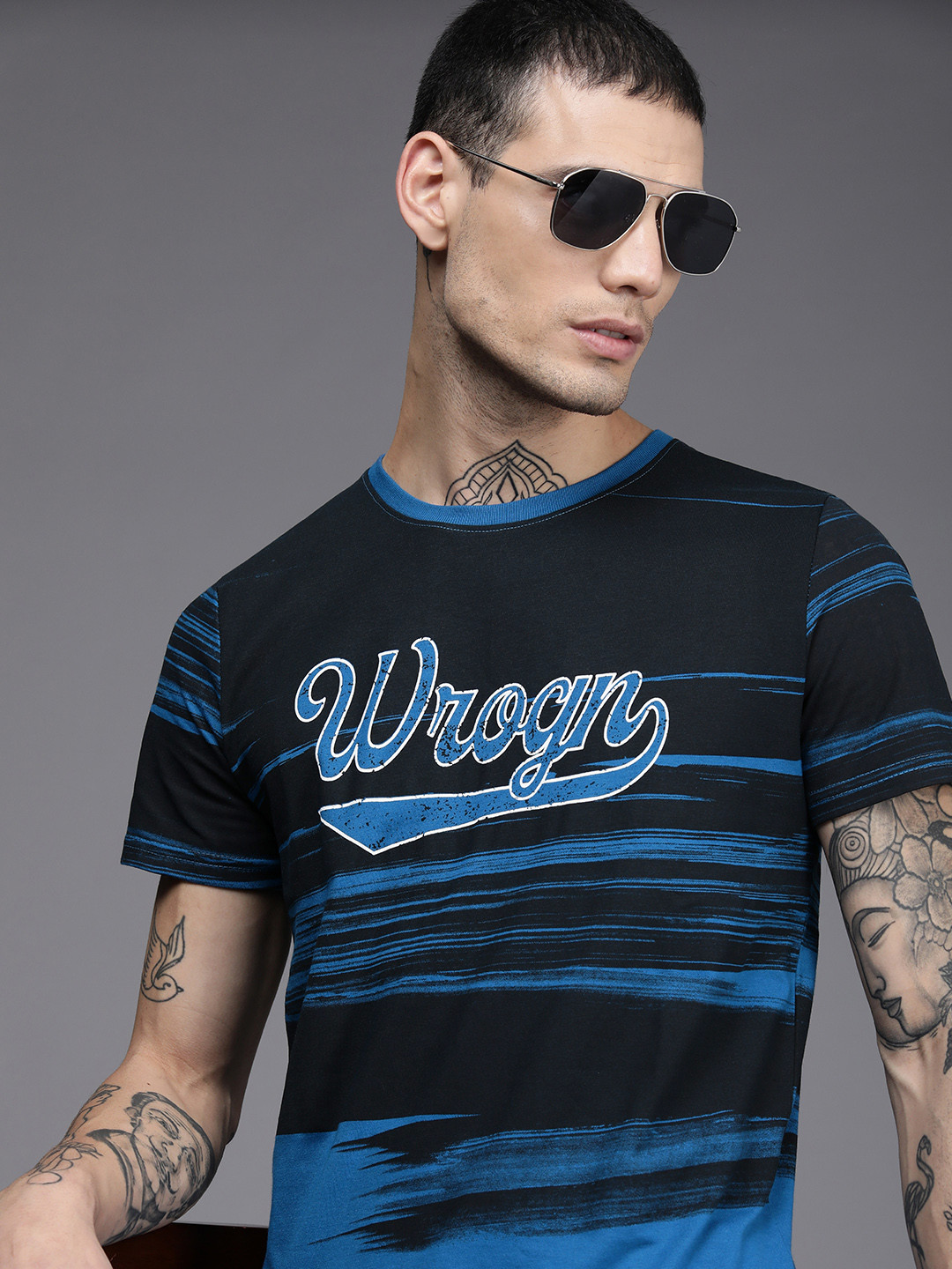 WROGN Men Black & Blue Brand Logo Printed Slim Fit T-shirt