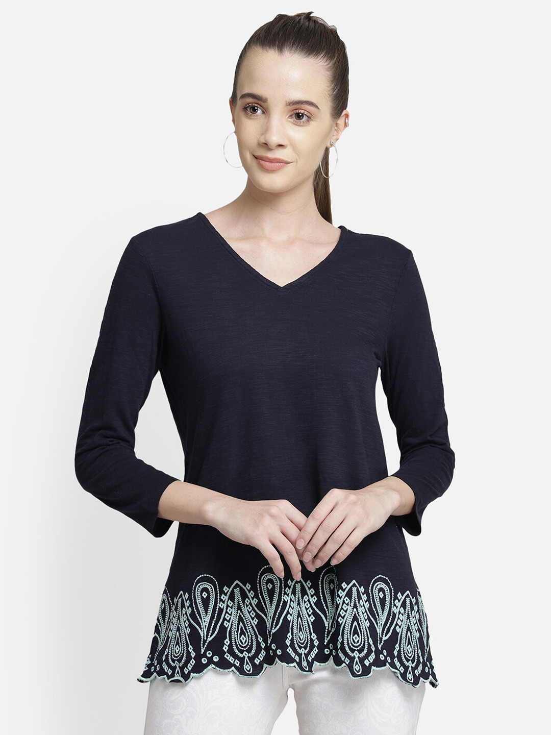 Aditi Wasan Navy Blue Embroidered Regular Top