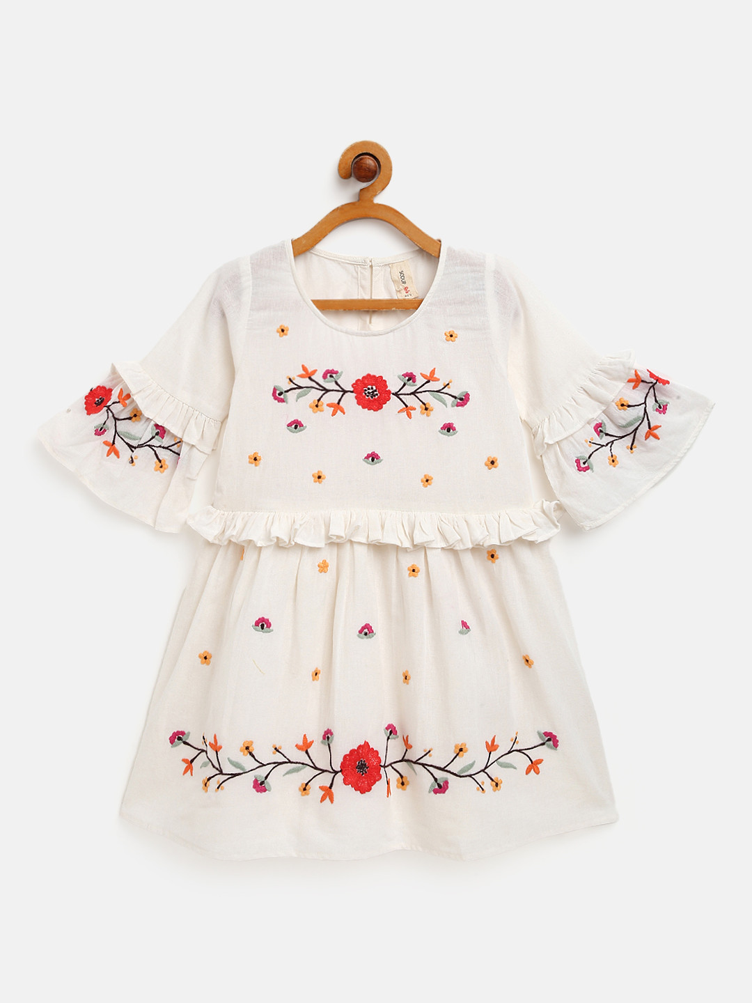 SCOUP Girls Off-White & Coral Red Floral Embroidered Cotton Fit & Flare Dress