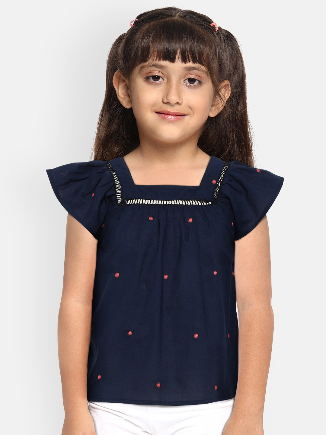 SCOUP Girls Navy Blue & Pink Polka Dot Embroidered Lace Insert Cotton A-Line Top