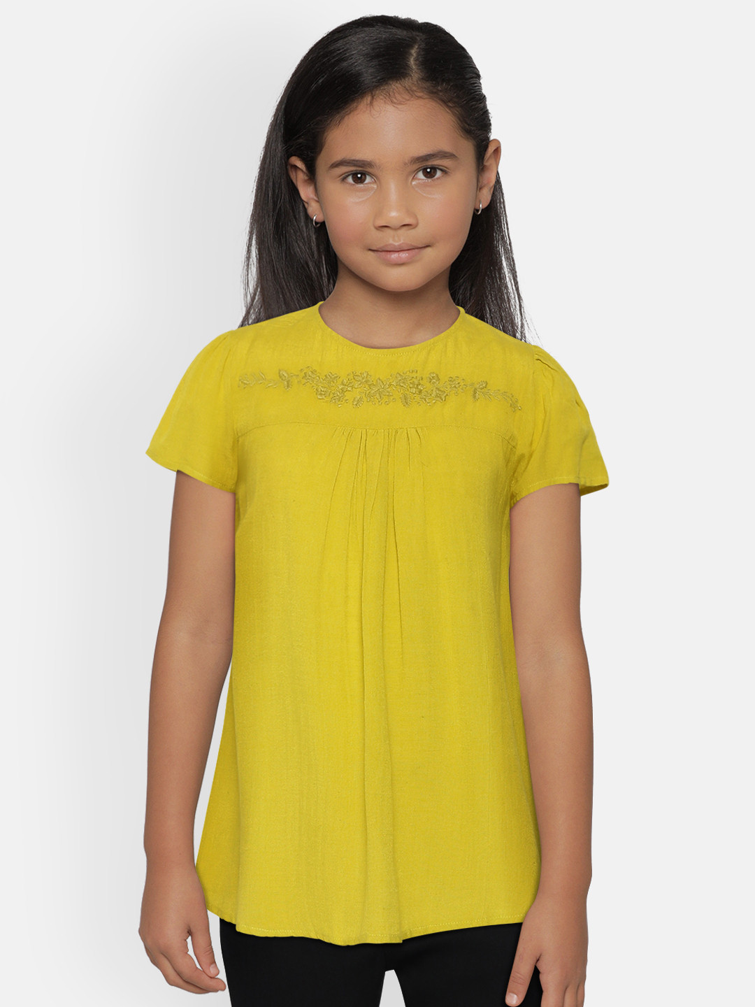 SCOUP Girls Yellow A-Line Top with Embroidered Detail