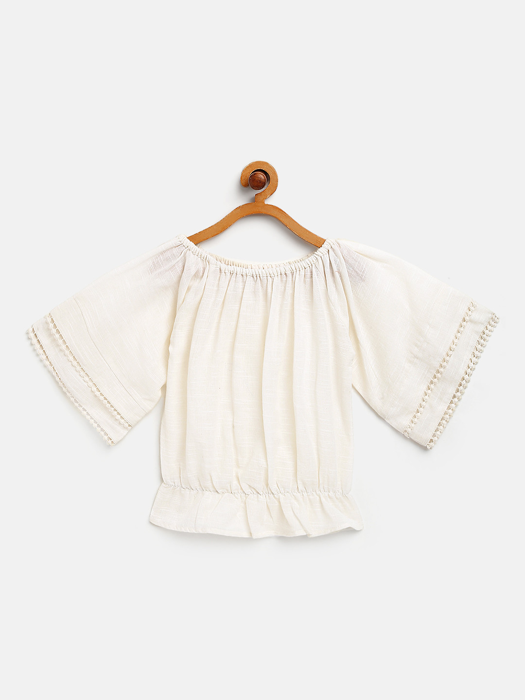 SCOUP Girls White Off-Shoulder Self Design Lace Inserts Cotton Bardot Top