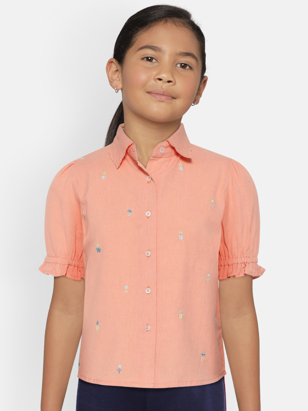 SCOUP Girls Peach-Coloured & White Floral Embroidered Cotton Shirt Style Top