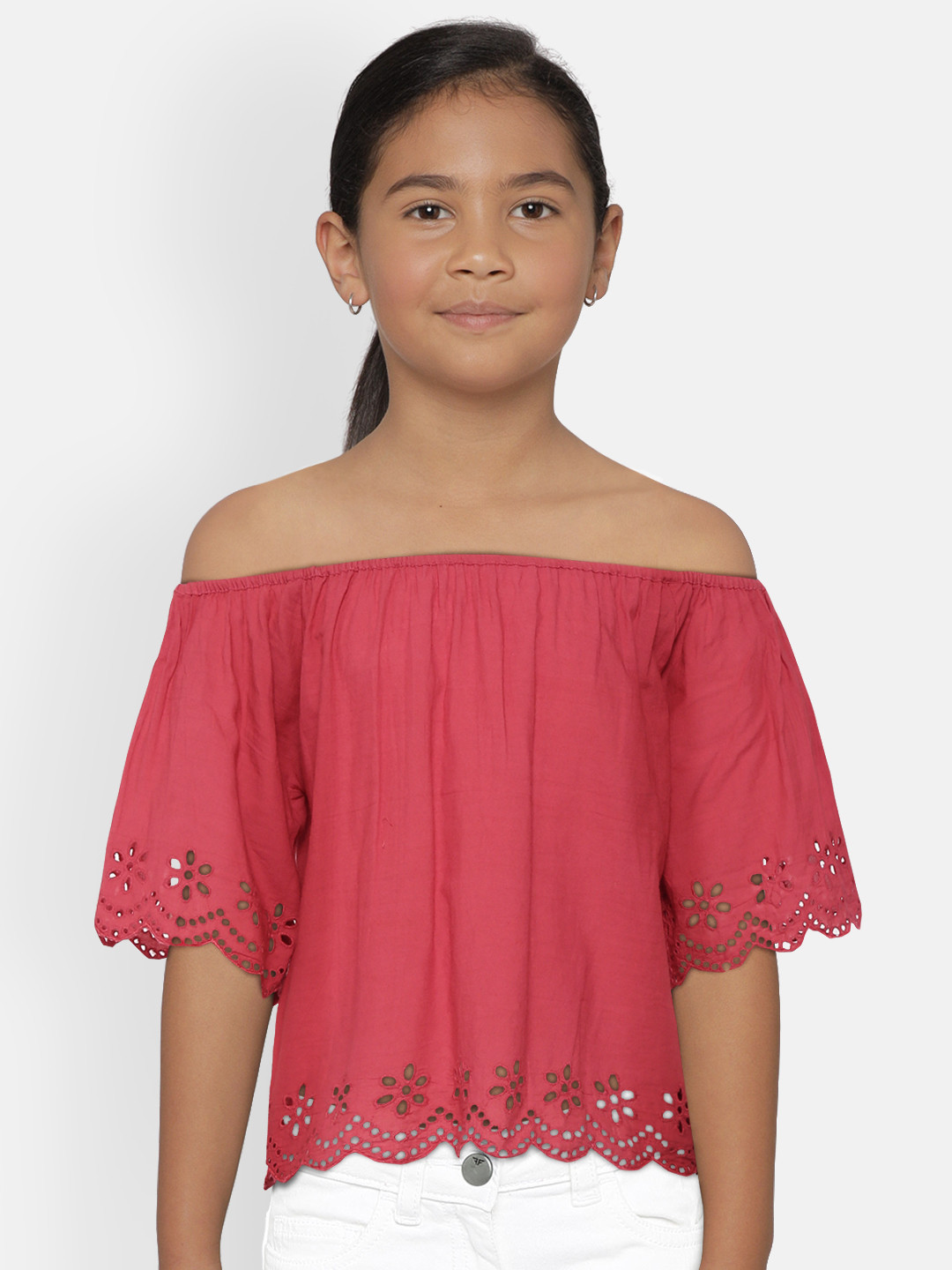 SCOUP Girls Pink Cotton Schiffli Embroidered Off-Shoulder Bardot Top