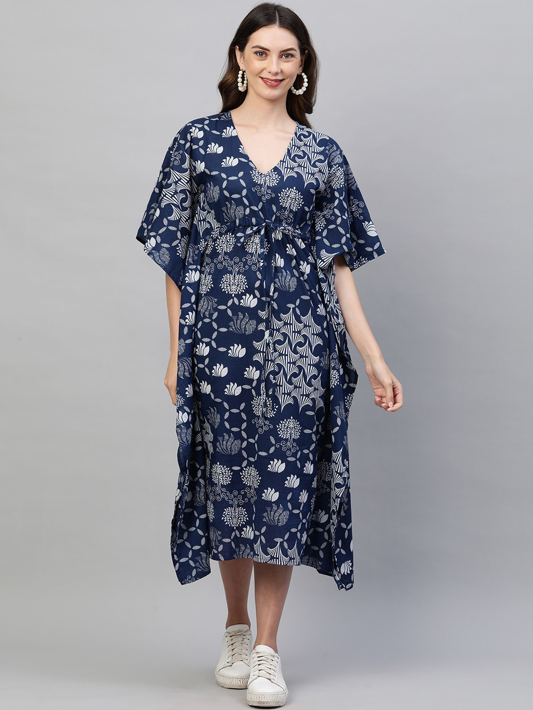 FASHOR Blue & White Floral Kaftan Cotton Midi Dress