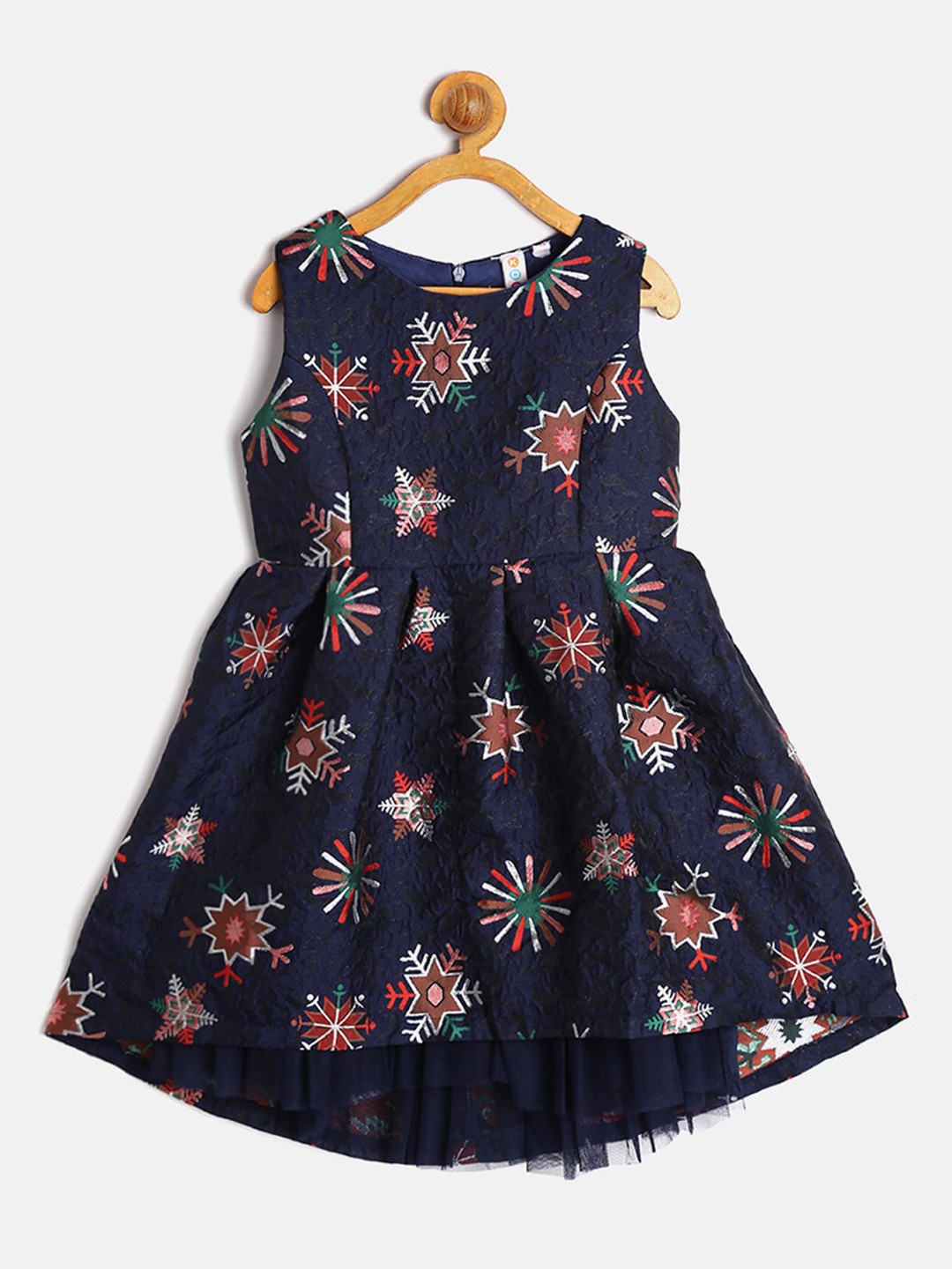Kids On Board Girls Navy Blue Floral Printed Cotton Jacquard Fit & Flare Dress