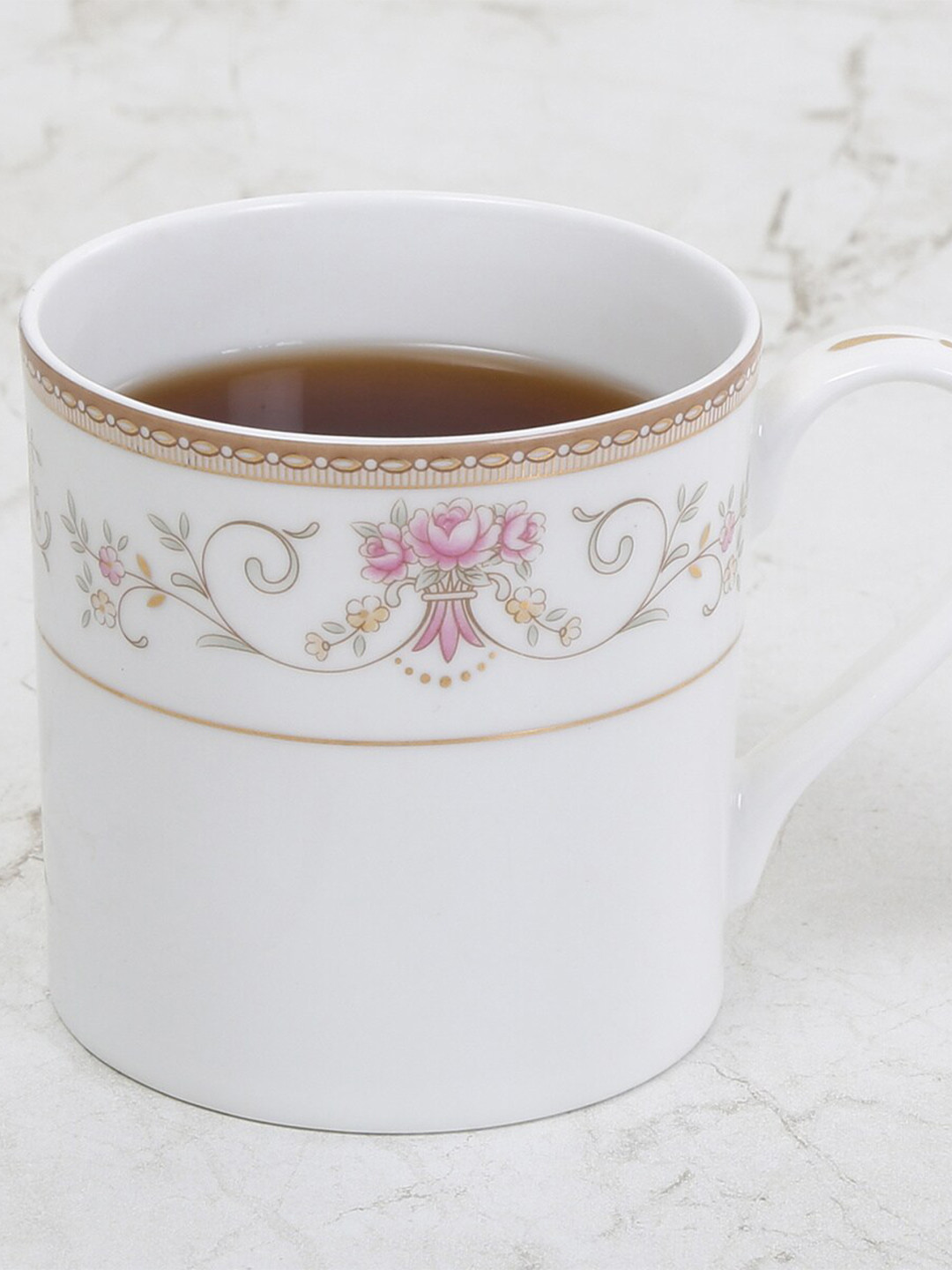 Home Centre White & Pink Printed Bone China Glossy Mug