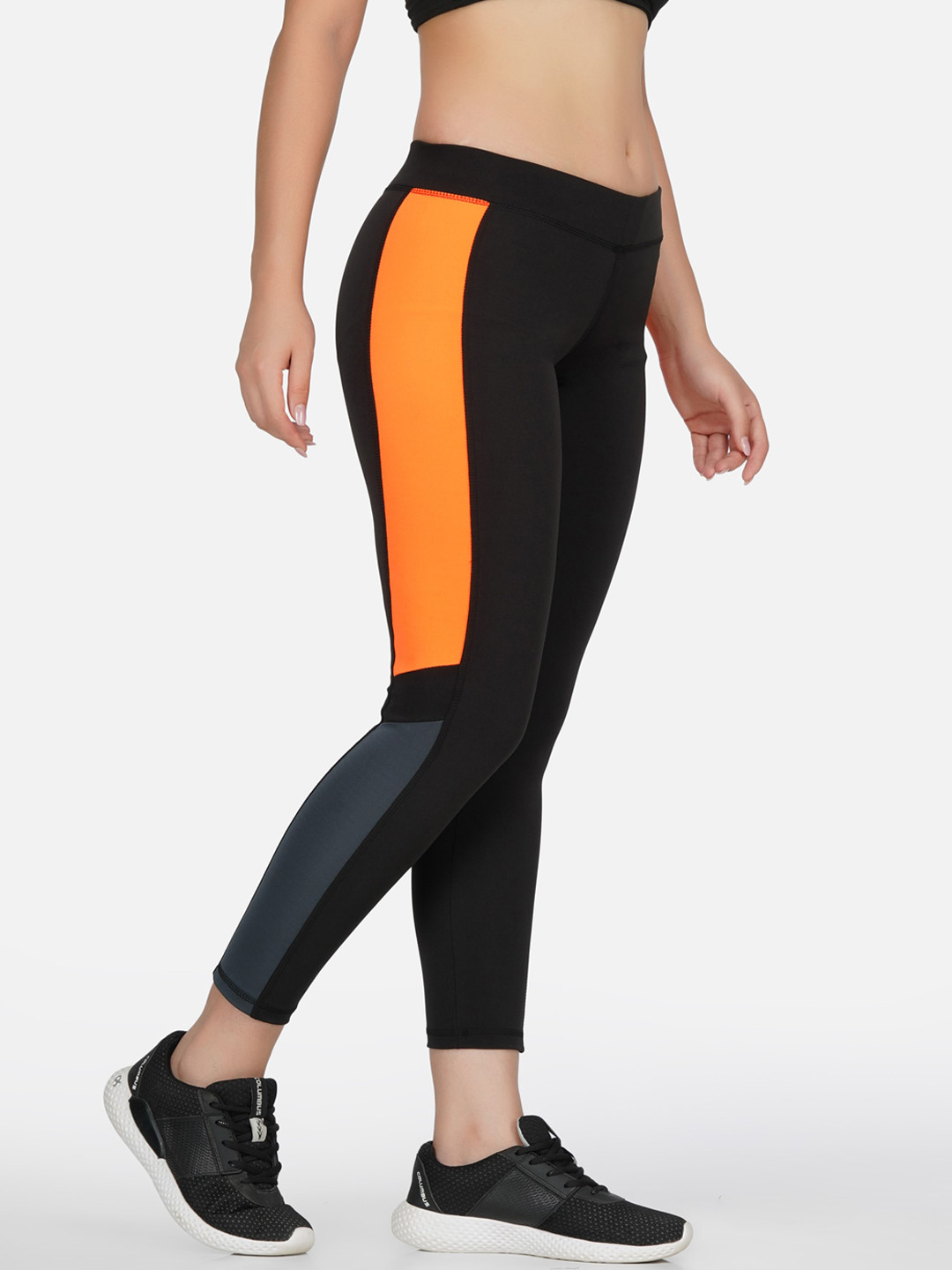 NEU LOOK FASHION Women Black & Orange Colourblocked Gym Tights