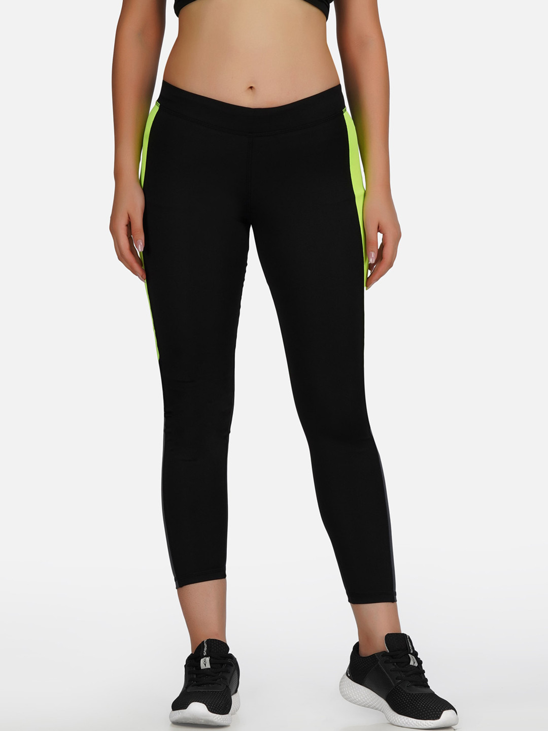 NEU LOOK FASHION Women Black & Florescent Green Colourblocked Gym Tights