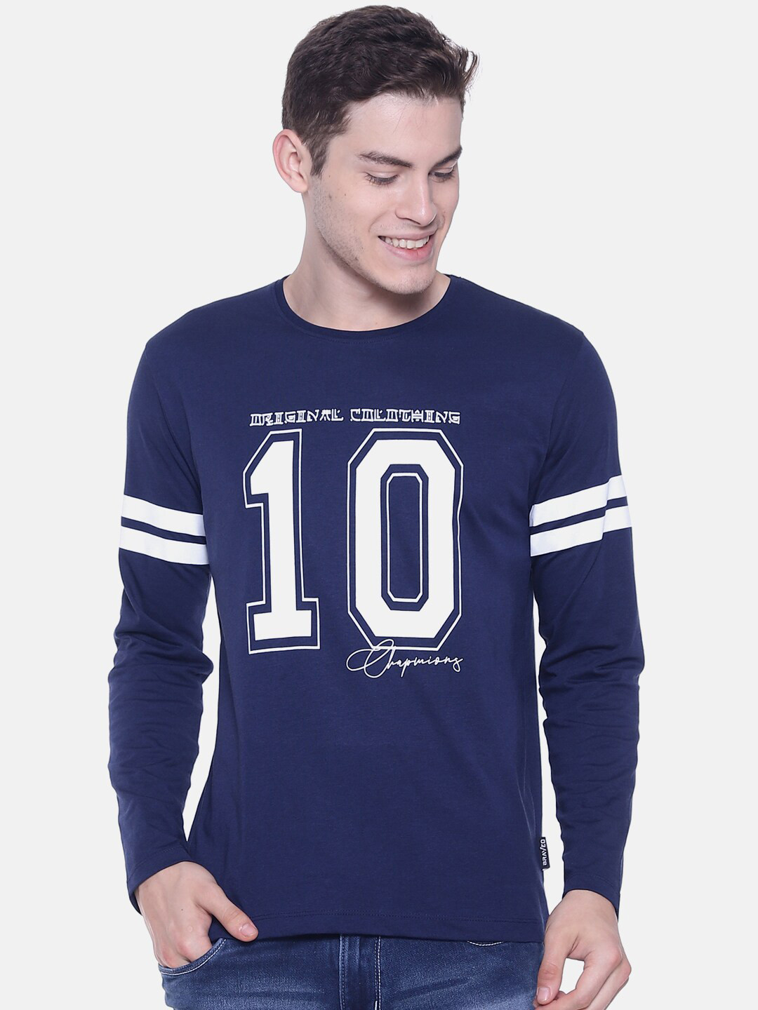 Braveo Men Navy Blue  White Typography Printed Slim Fit Pure Cotton T-shirt