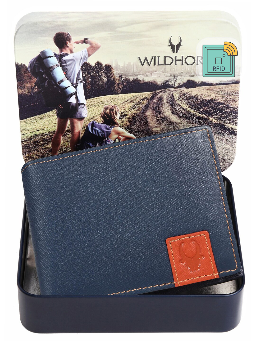 WildHorn Men RFID Blue Textured Leather Two Fold Wallet
