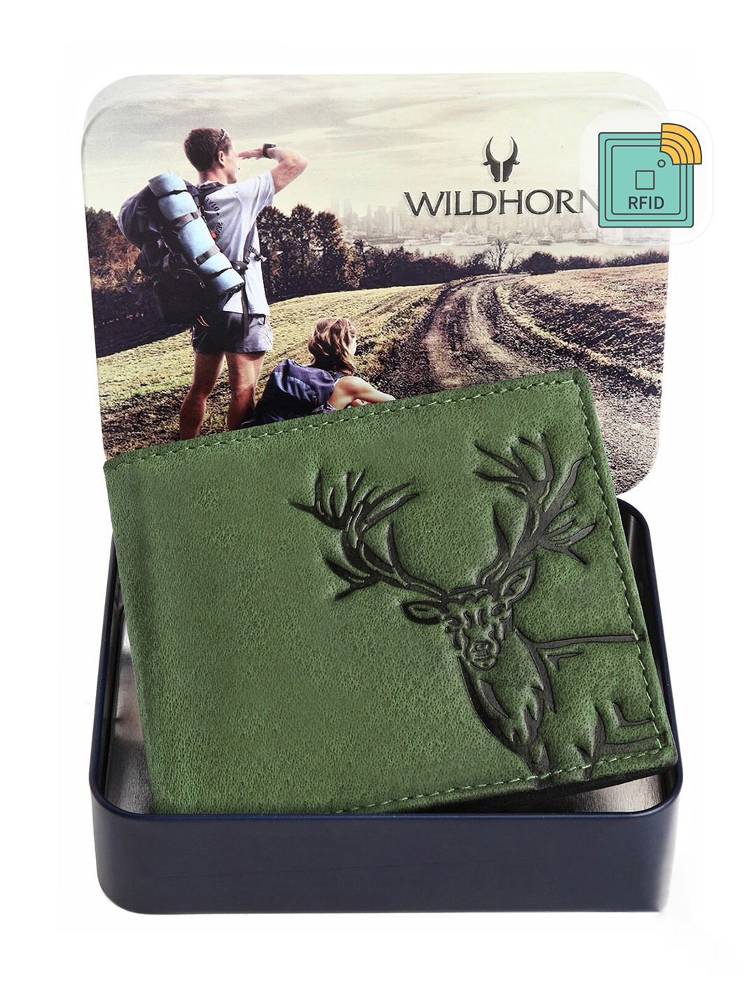 WildHorn Men RFID Green Graphic Printed Leather Two Fold Wallet