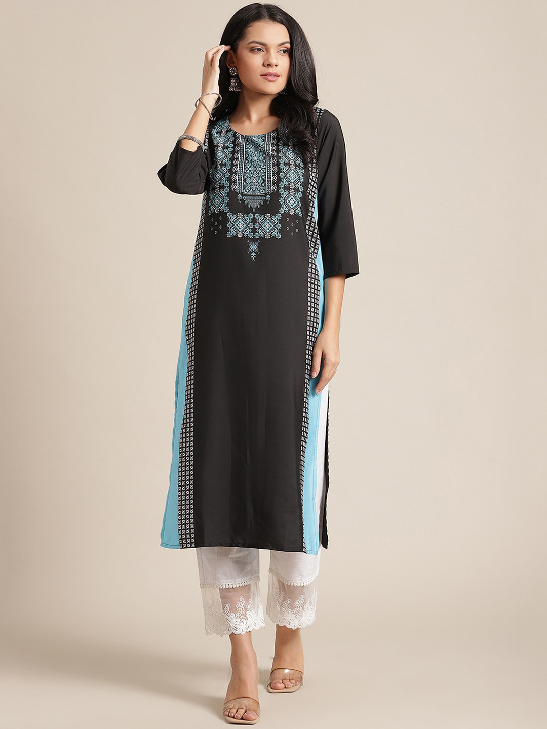 KSUT Women Black and Blue Yoke Design Ethnic Motifs Printed Straight Kurta