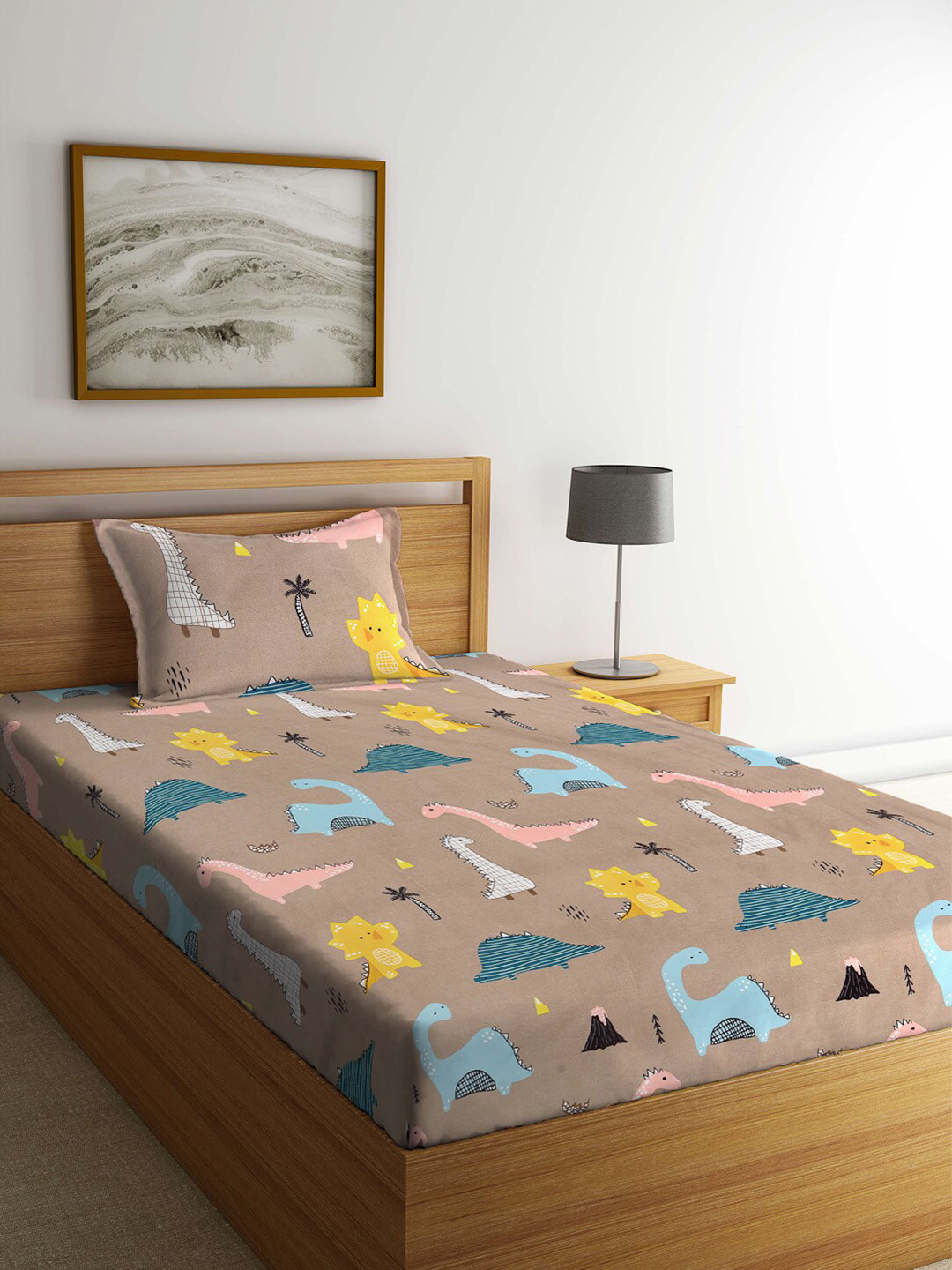 KLOTTHE Brown Cartoon Characters Polycotton 210 TC Single Fine Bedsheet with a Pillow Cover-87 x 59 inches