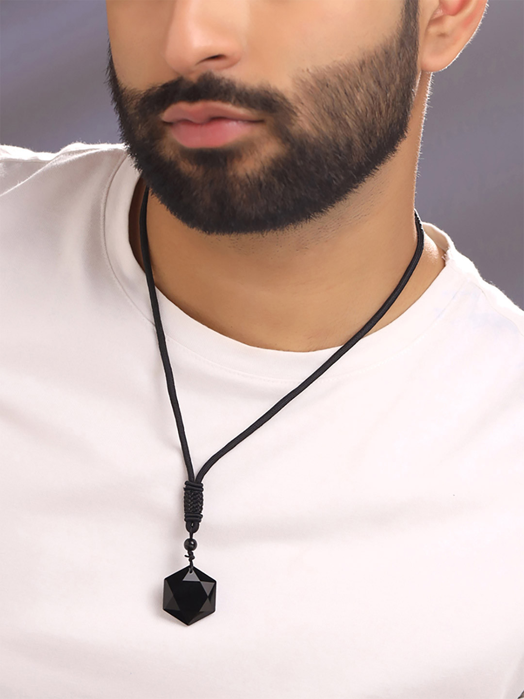 Yellow Chimes Black Cubic Zirconia High Polished Pendant With Leather Rope