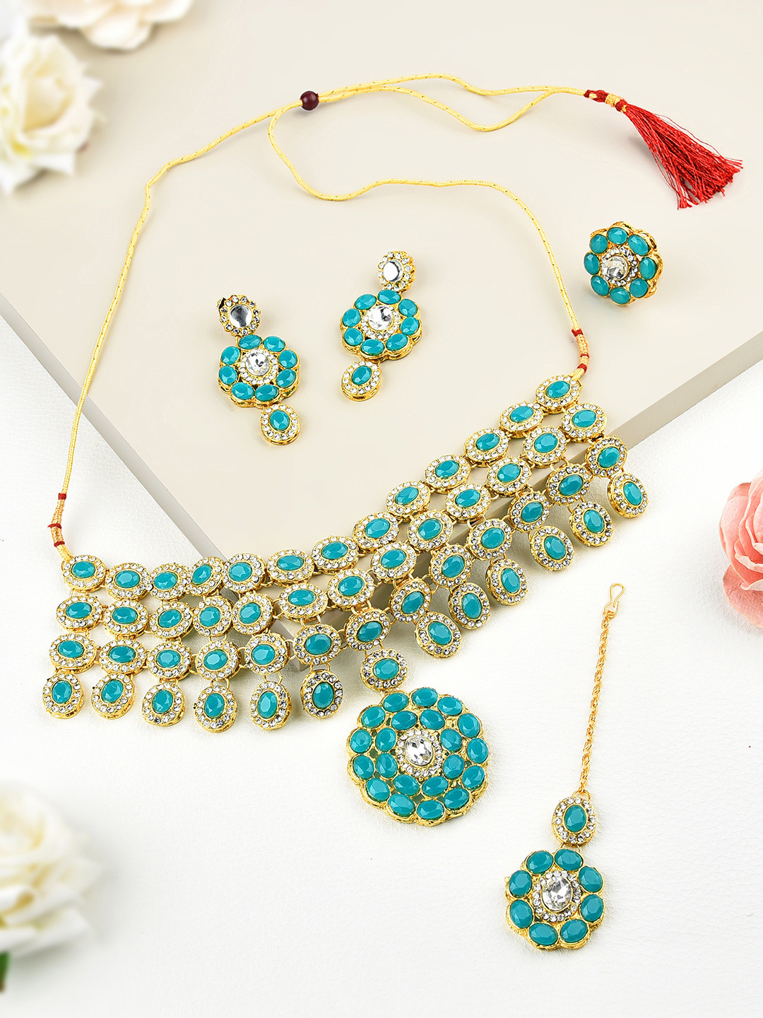 Zaveri Pearls Gold-Plated Green Austrian Diamond-Studded Jewellery Set