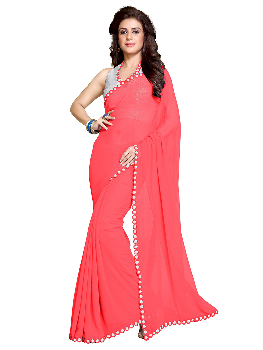 KALINI Peach-Coloured & Silver-Coloured Mirror Work Embellished Saree
